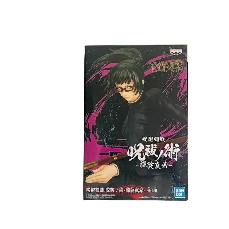 Boîte de figurine Maki Zenin: personnage en tenue noire, épée, design violet et noir.