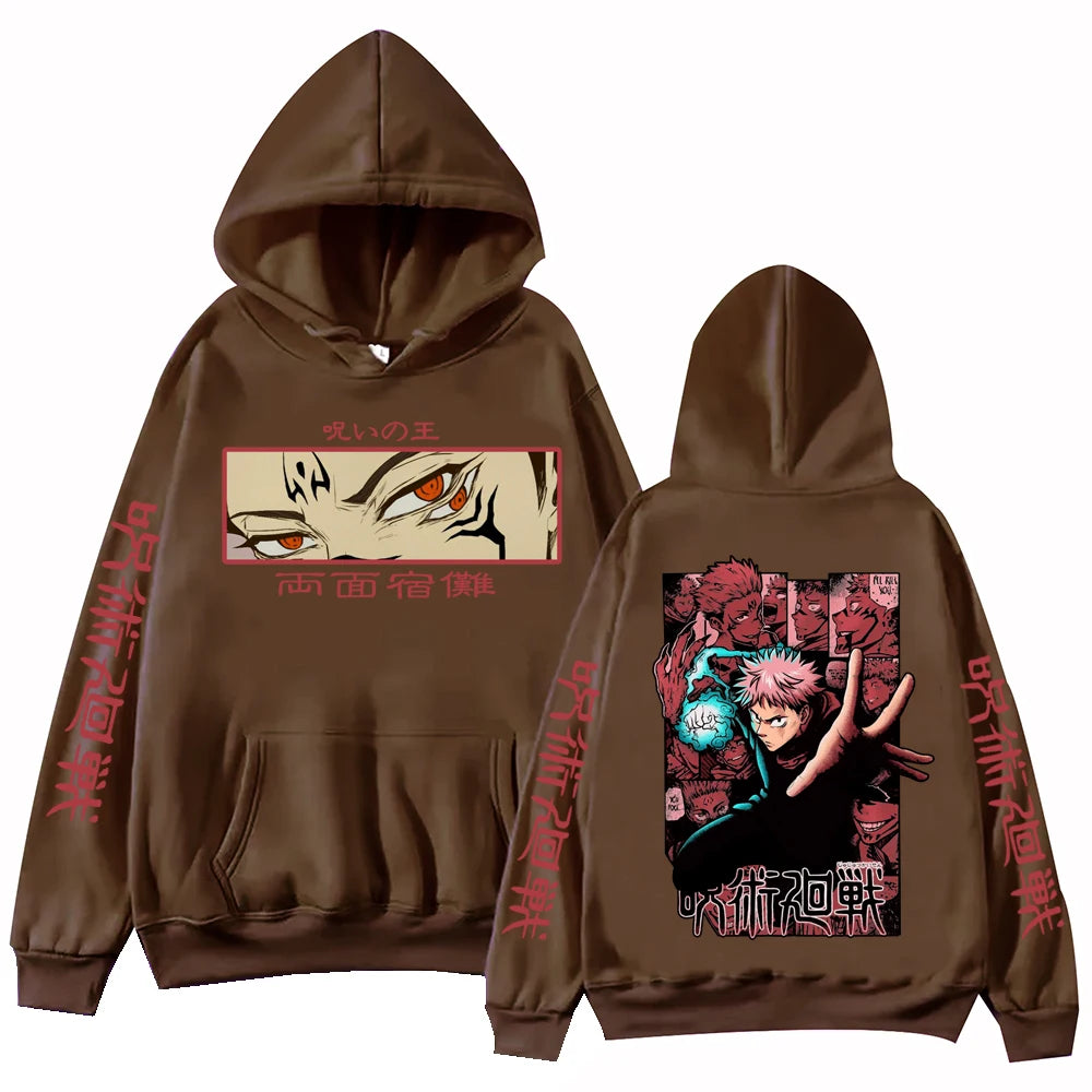 Hoodie marron à capuche, imprimé manga au dos et sur la poitrine