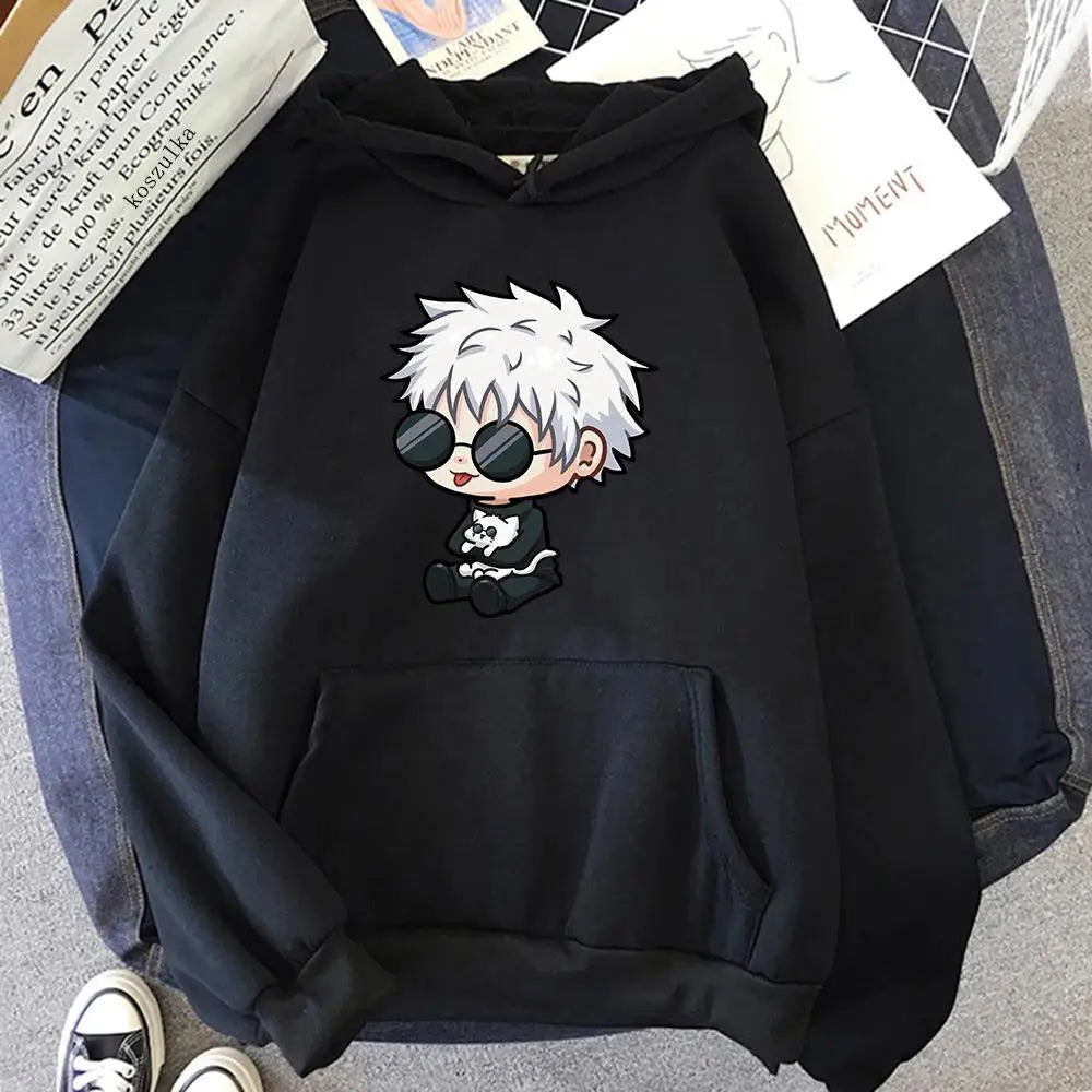Hoodie noir à capuche, motif manga du personnage aux lunettes sur le devant
