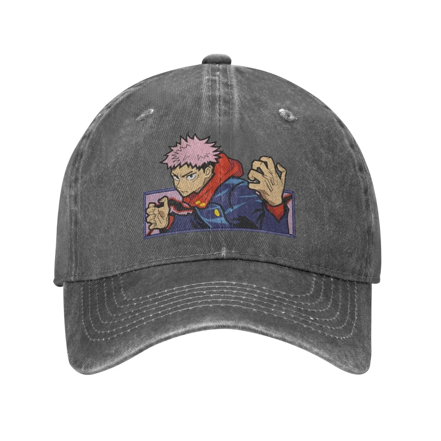 Casquette foncée Jujutsu Kaisen avec patch Yoji Itodori et surpiqûres sur la visière