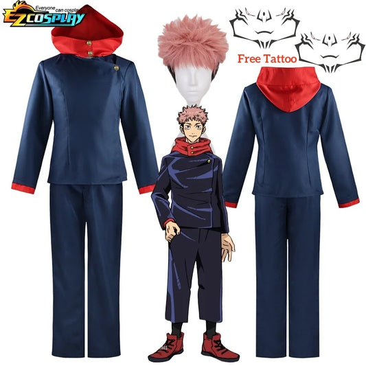 Ensemble costume cosplay homme: veste bleu marine à capuche rouge, pantalon assorti