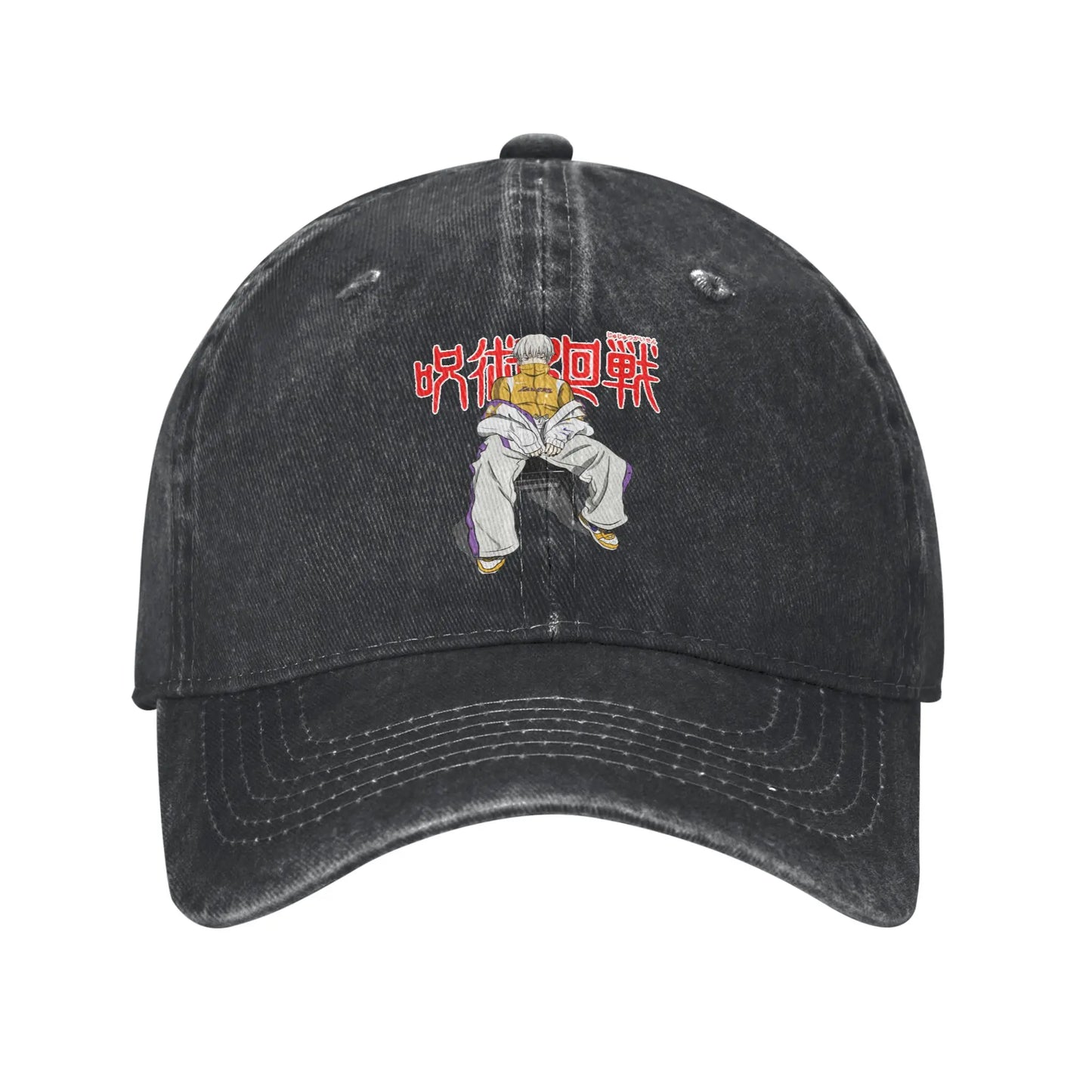 Casquette en denim noire brodée Toge Inumaki Premium, visière et coutures apparentes