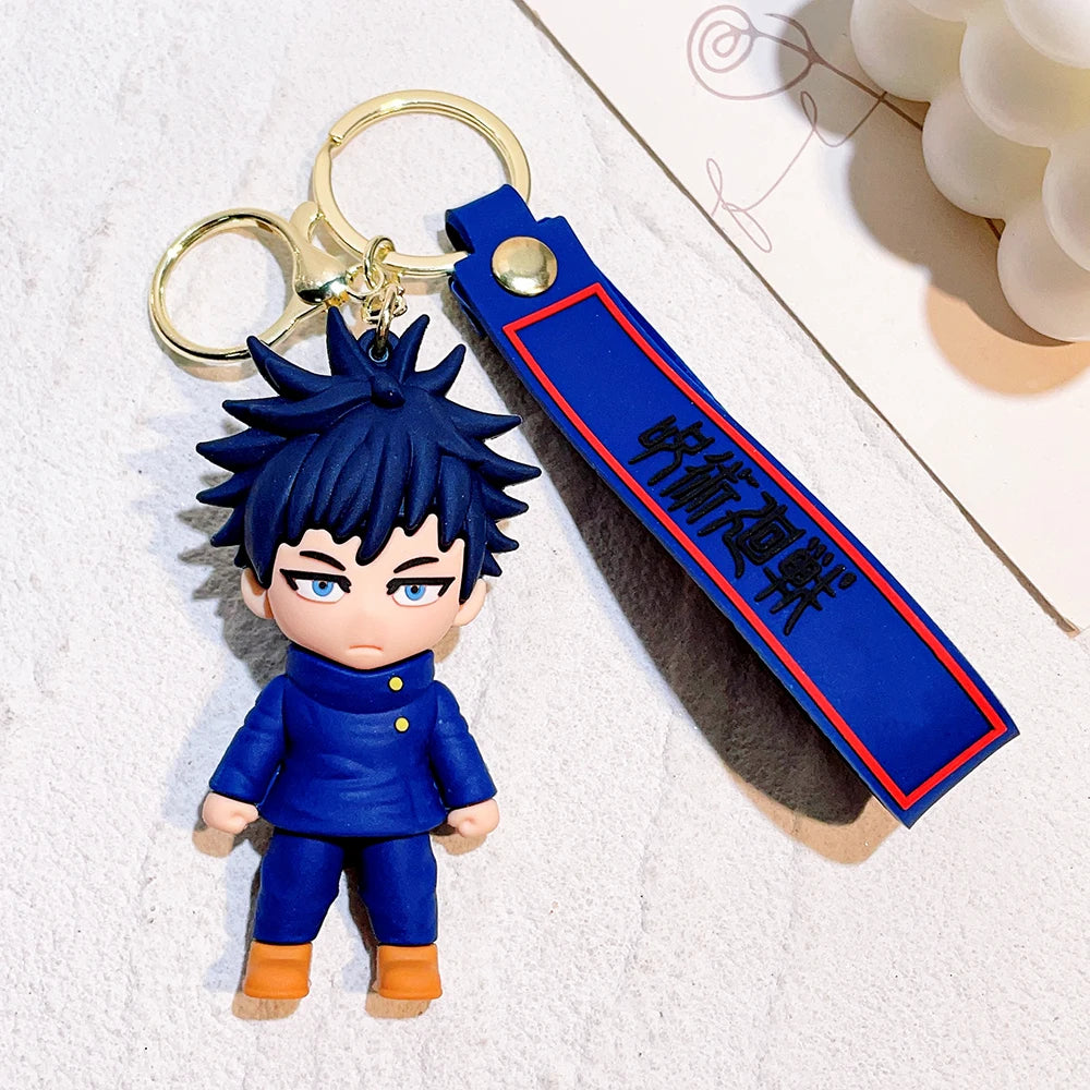 Porte-clé Megumi Fushiguro à lanière bleue, personnage bleu avec anneaux métalliques
