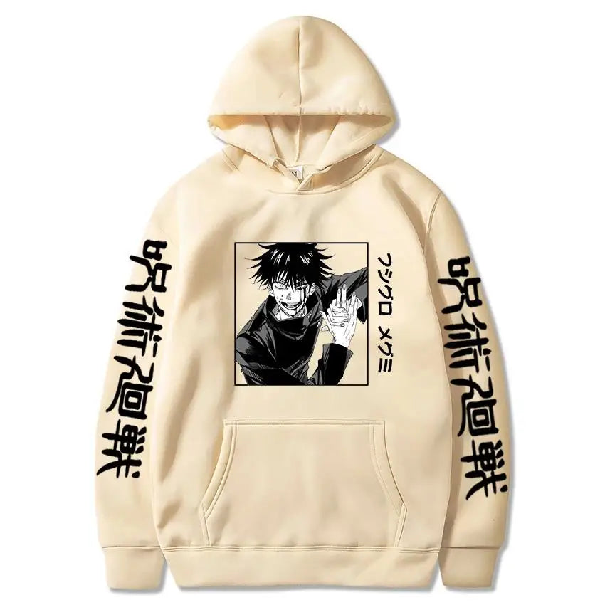 Hoodie beige à capuche avec imprimé Megumi Fushiguro sur le devant
