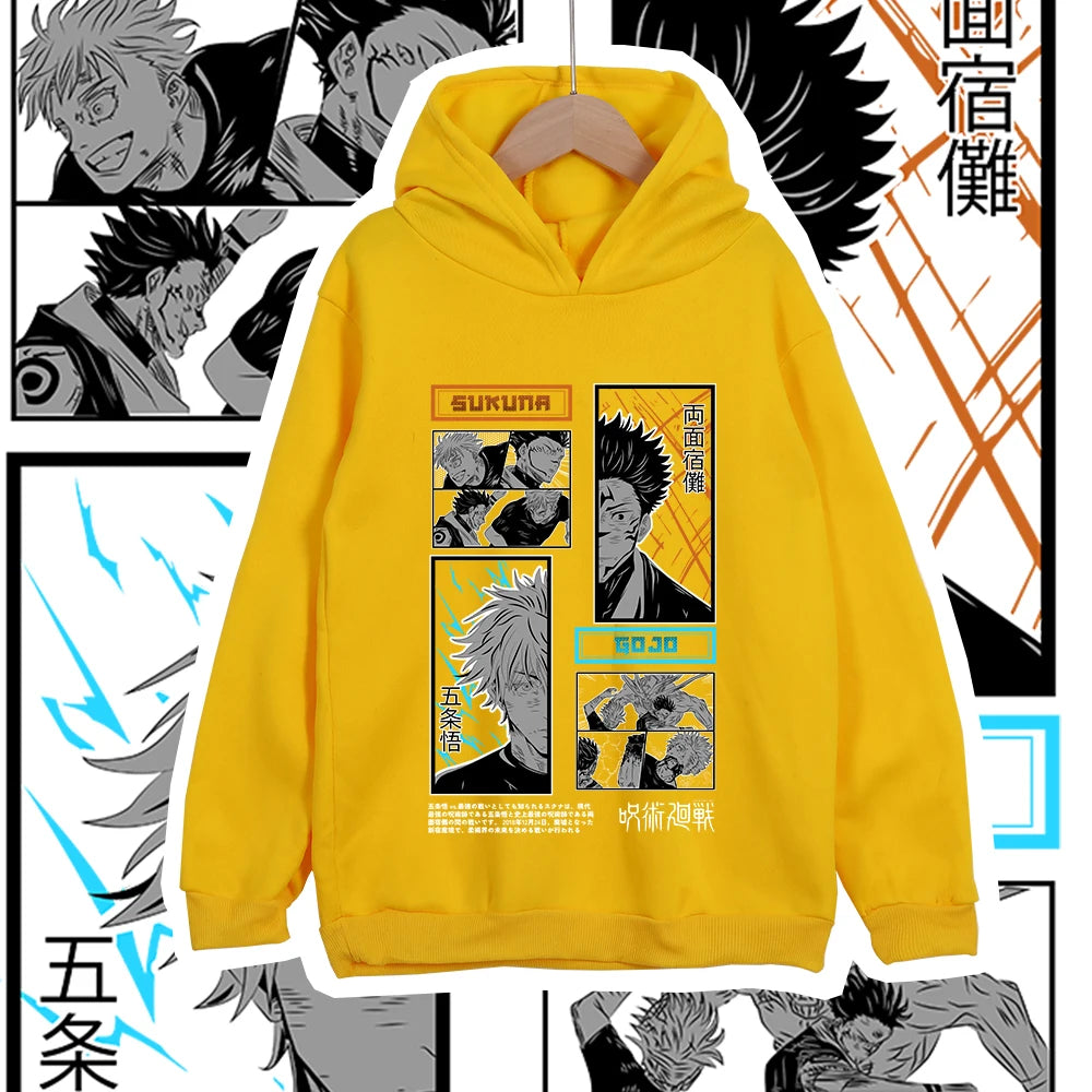 Hoodie jaune à capuche, grand visuel manga sur la poitrine, style sweat à enfiler