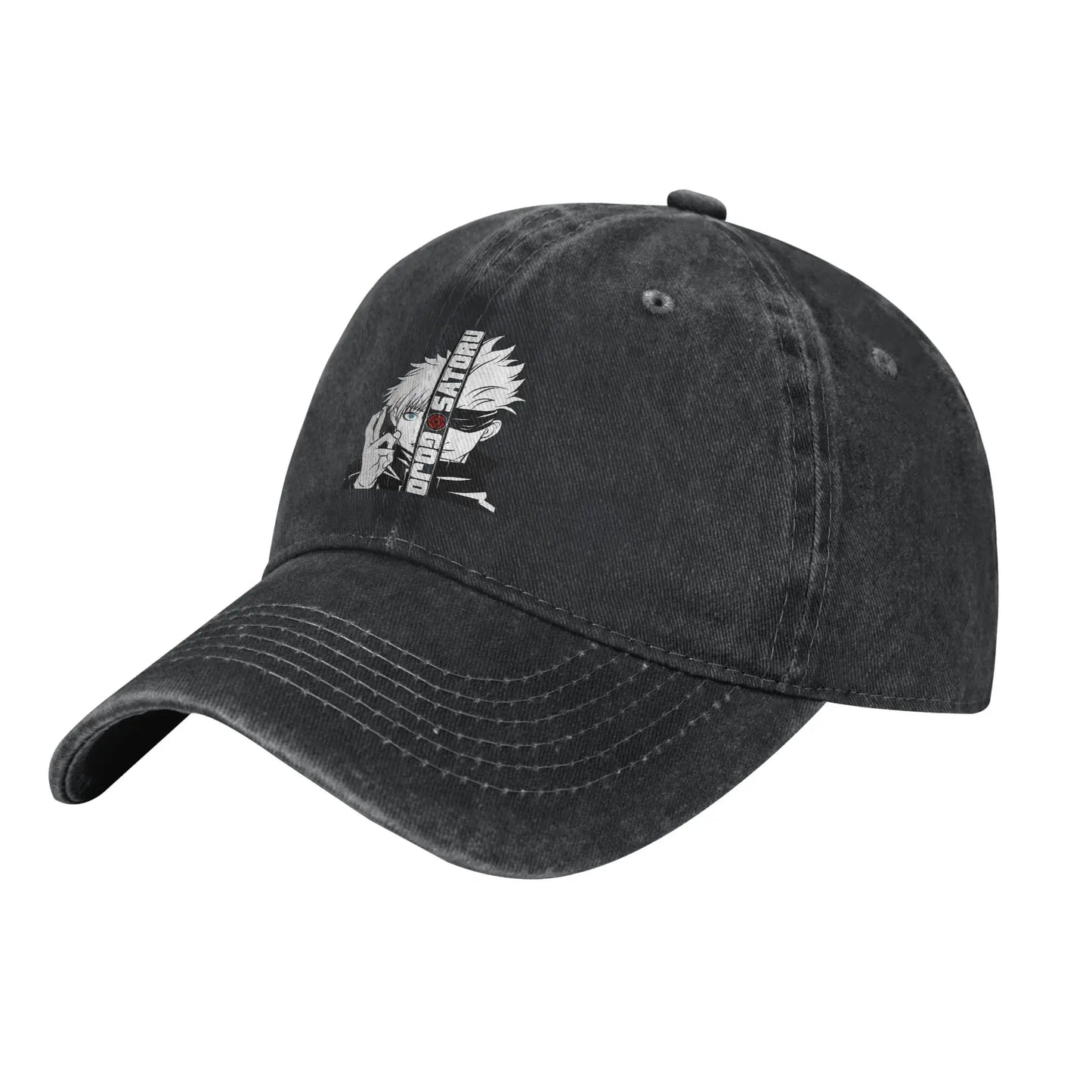 Casquette denim délavé noire, vue de côté, patch Gojo Satoru sur le devant