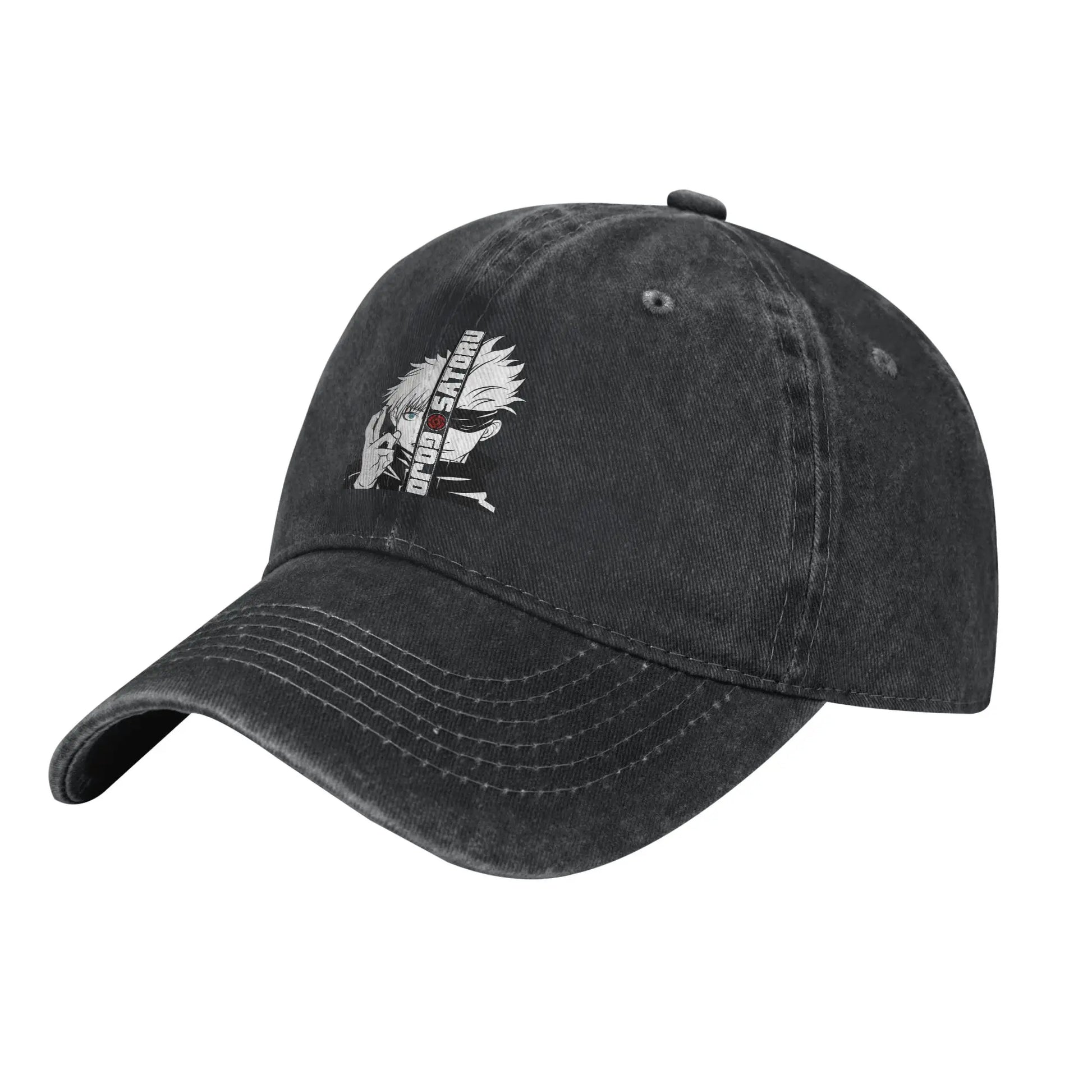 Casquette denim délavé noire, vue de côté, patch Gojo Satoru sur le devant