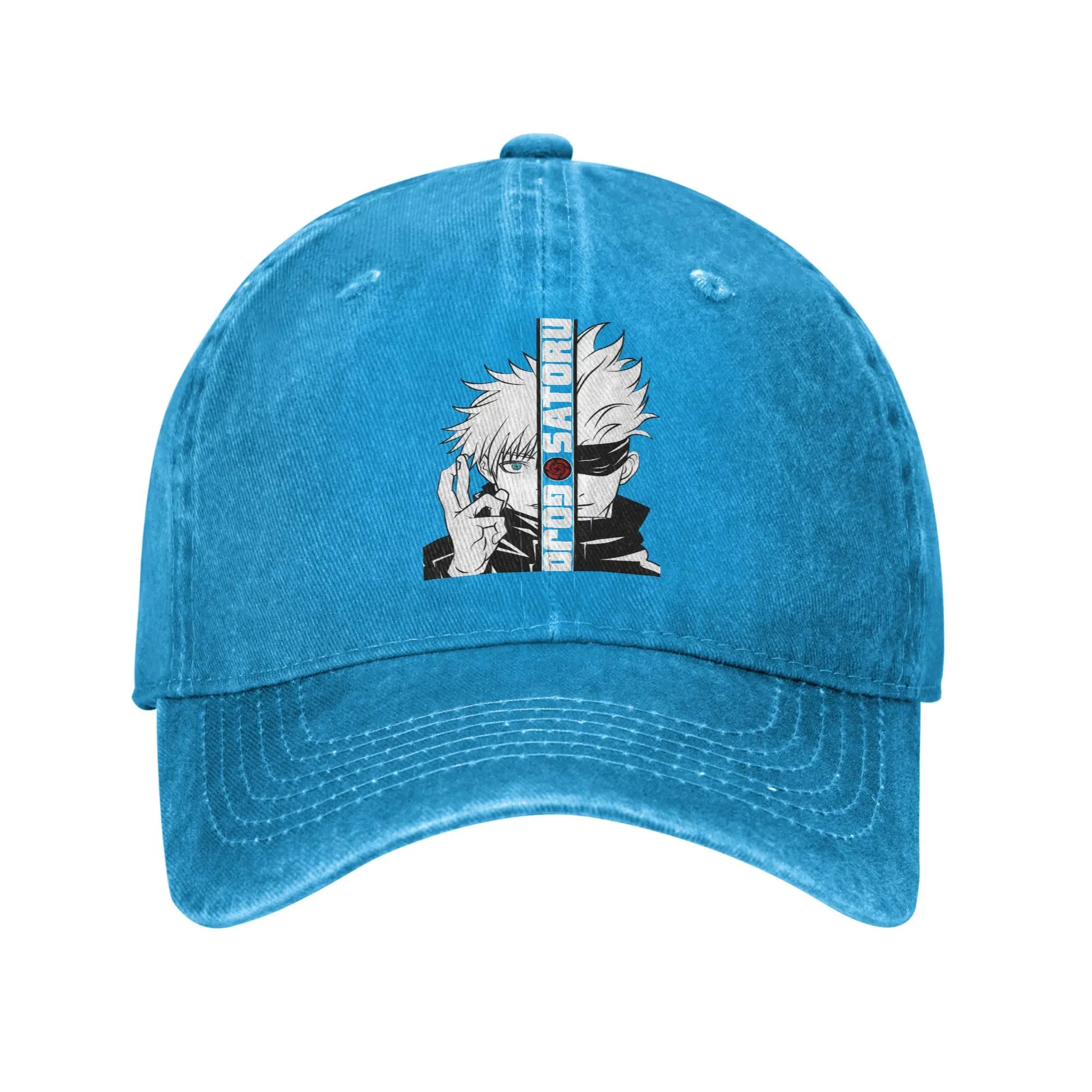 Casquette denim délavé bleu clair, patch Gojo Satoru au centre, coutures sur la visière