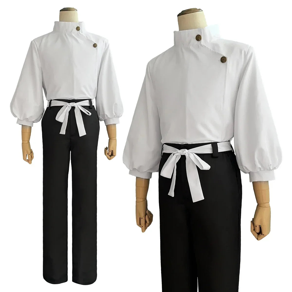 Ensemble costume : chemise blanche boutonnée, pantalon noir à ceinture nouée