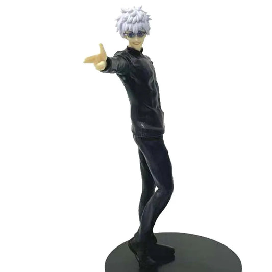 Figurine Jujutsu Kaisen Gojo Satoru en tenue sombre, pose pistolet, cheveux blancs
