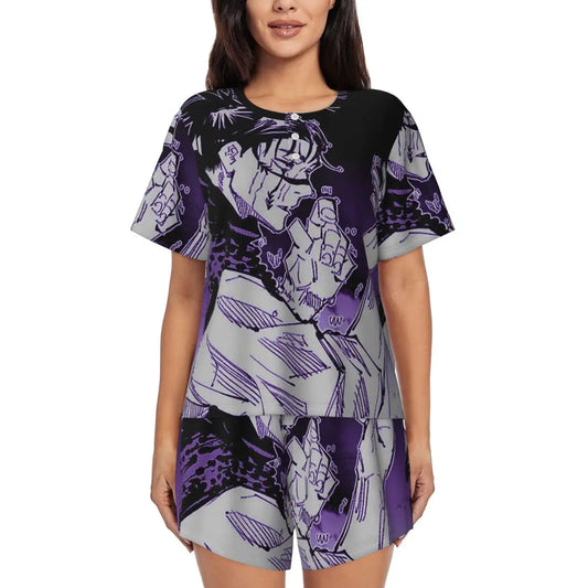 Pyjama fille noir et violet avec t-shirt à manches courtes et short assorti