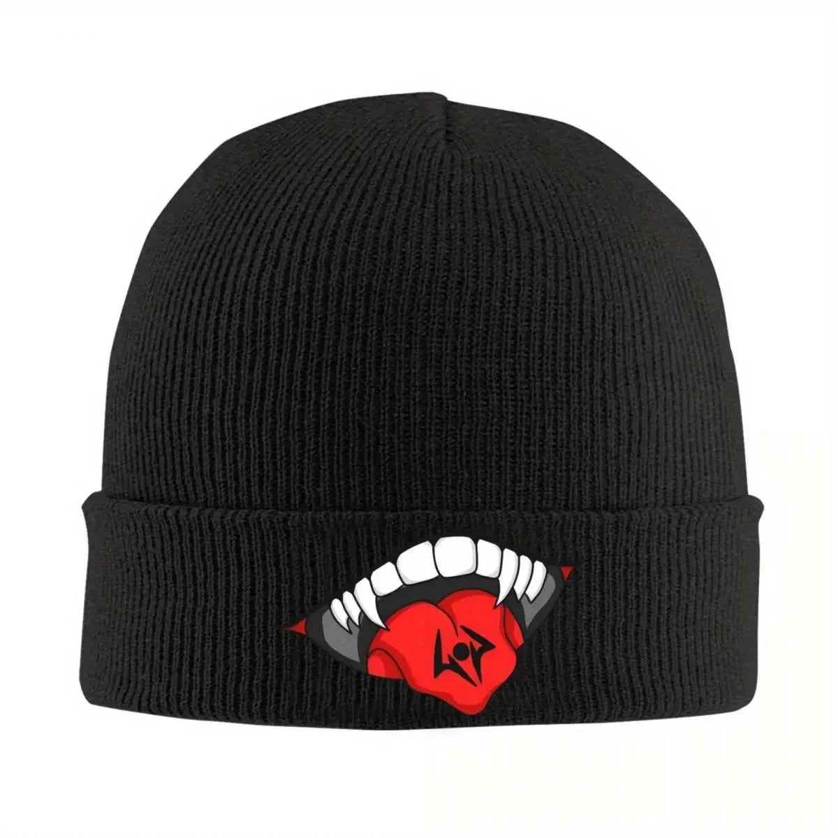 Bonnet noir en tricot côtelé avec écusson rouge et dents blanches Ryomen Sukuna