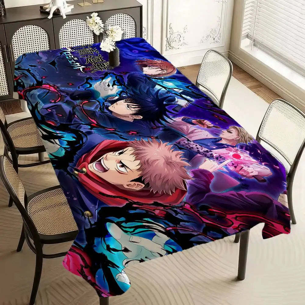 Nappe violette avec personnages Jujutsu Kaisen, motifs vifs et couleurs néon.