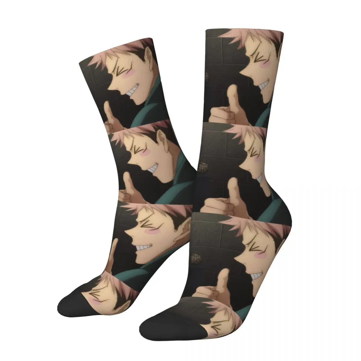 Chaussettes à motif personnage animé, tons bruns et verts, pouces levés répétés.