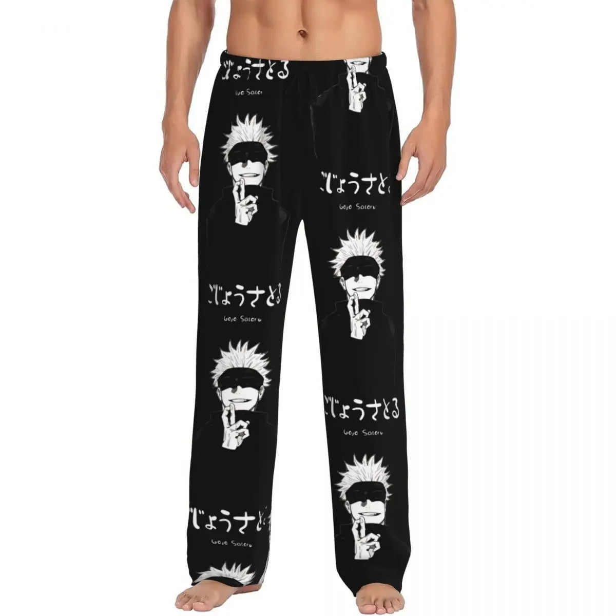 Pantalon de pyjama noir imprimé Gojo vintage, taille élastique, motifs sur toute la jambe