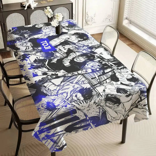 Nappe style manga bleu et noir avec personnages et motifs graphiques