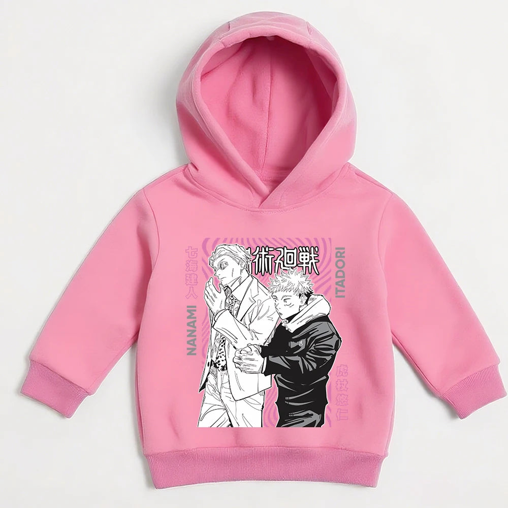 Pull à capuche rose avec imprimé Itadori et Nanami sur la poitrine