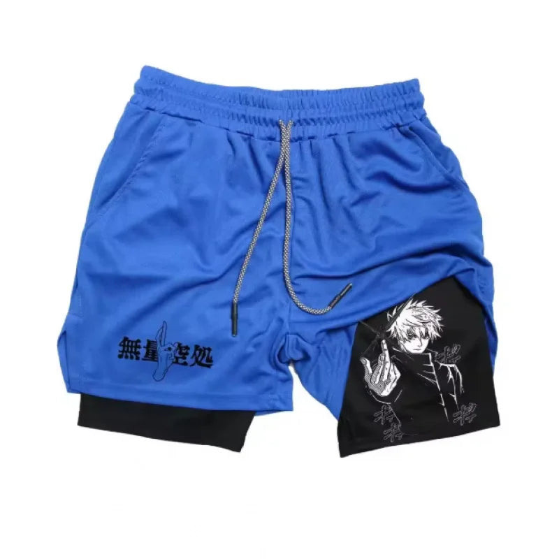 Short bleu avec cordon, imprimé manga noir sur la jambe