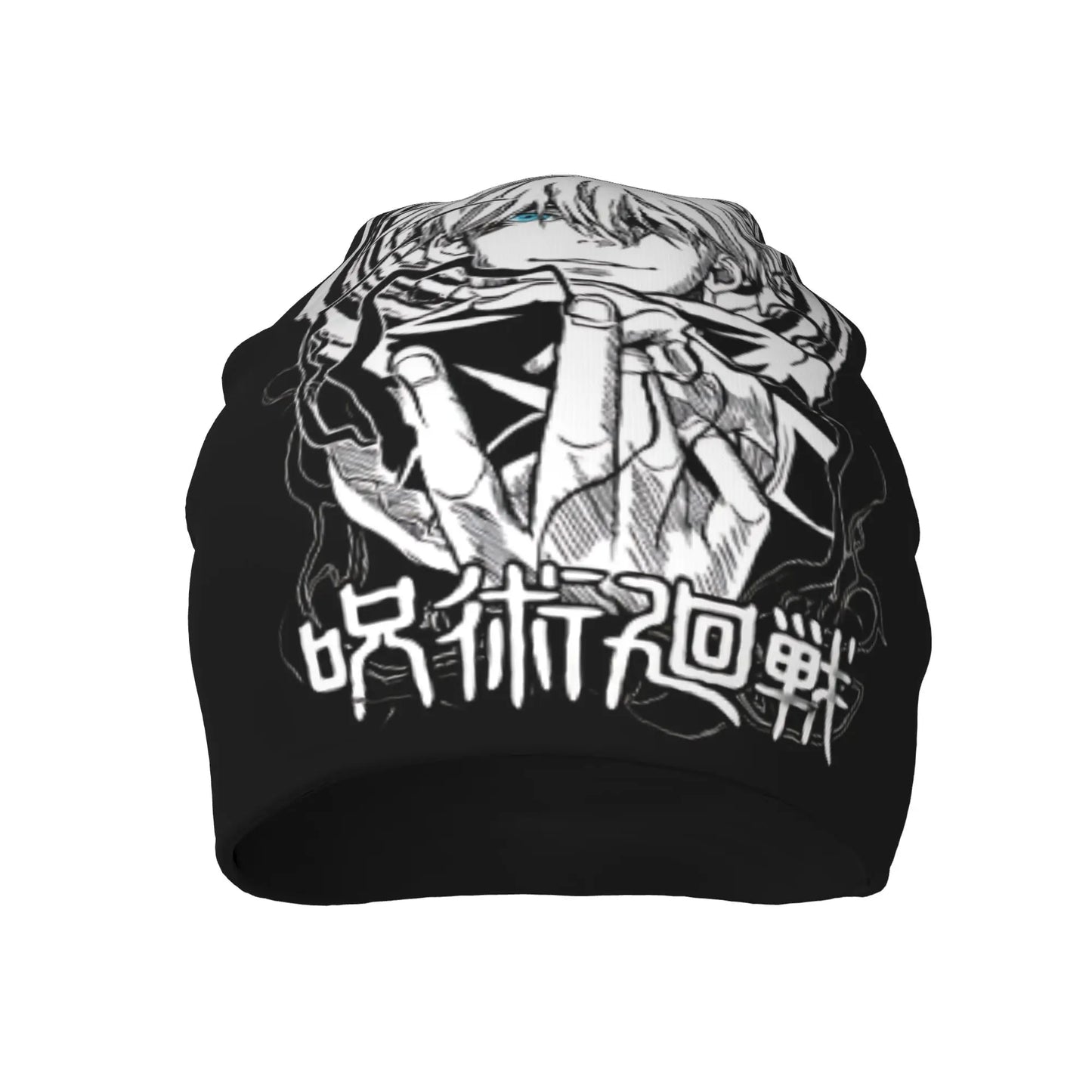 Black beanie with Gojo Satoru back graphic, raised hands and sword symbols