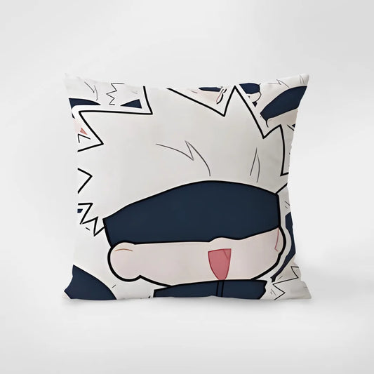 Coussin carré motif chibi: visage blanc, bleu marine, yeux noirs, cheveux stylisés