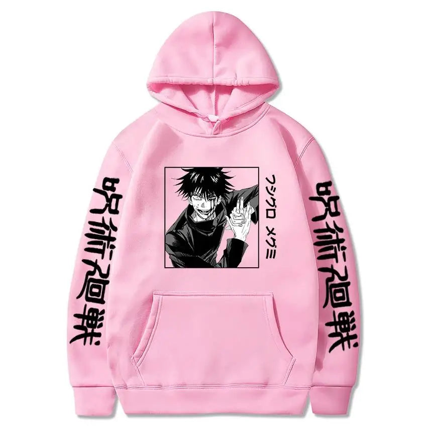 Hoodie rose clair à capuche avec imprimé Megumi Fushiguro sur le devant