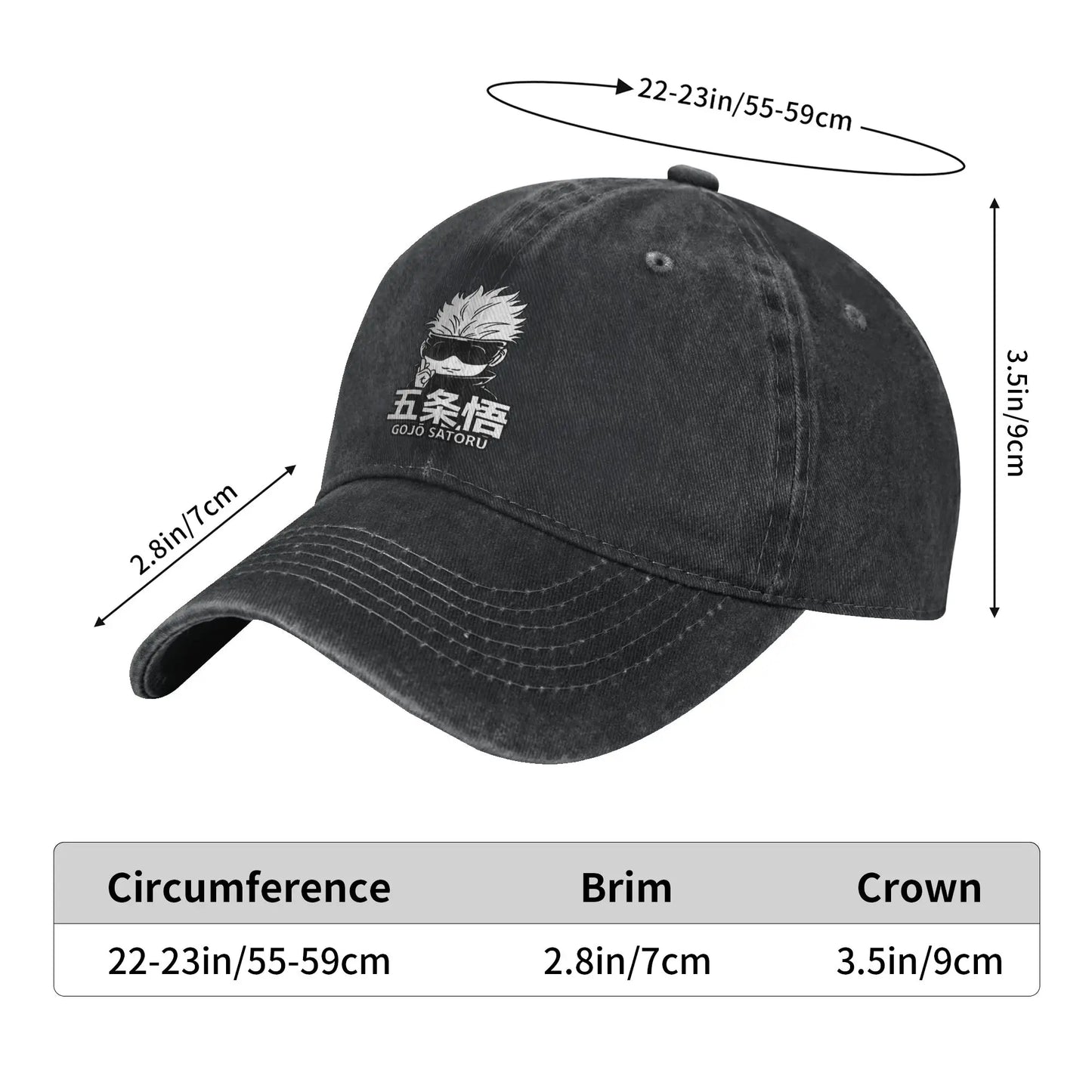 Casquette noire Gojo : tour 55–59 cm, visière 7 cm, couronne 9 cm