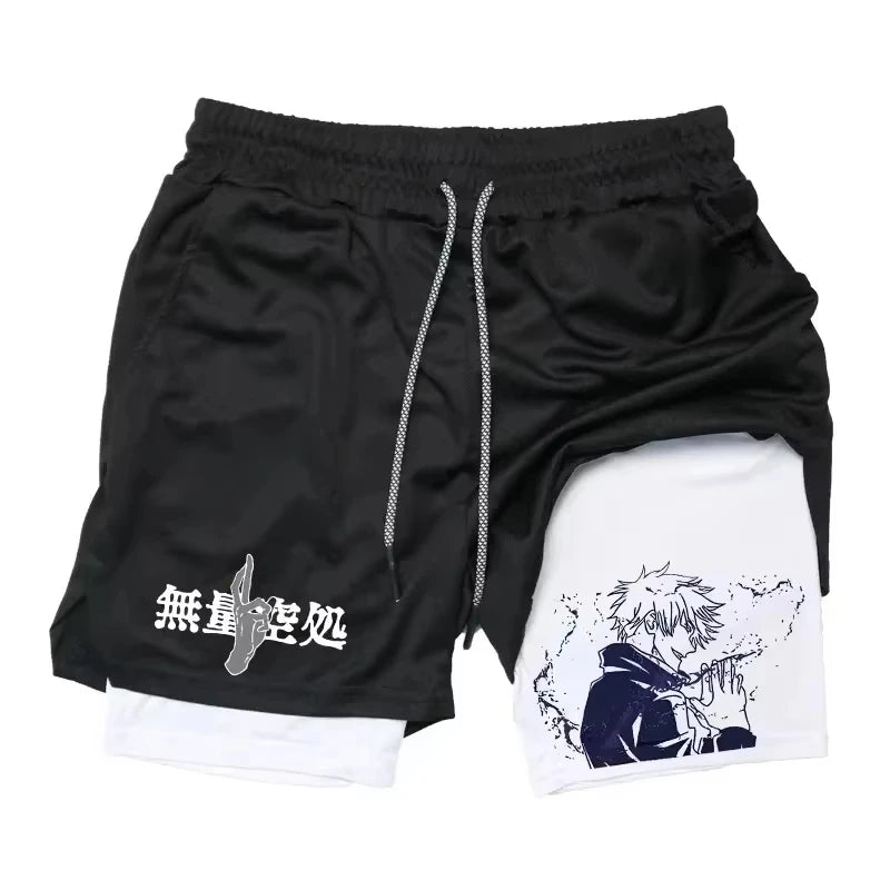 Black drawstring shorts with white lining, Jujutsu character print on right