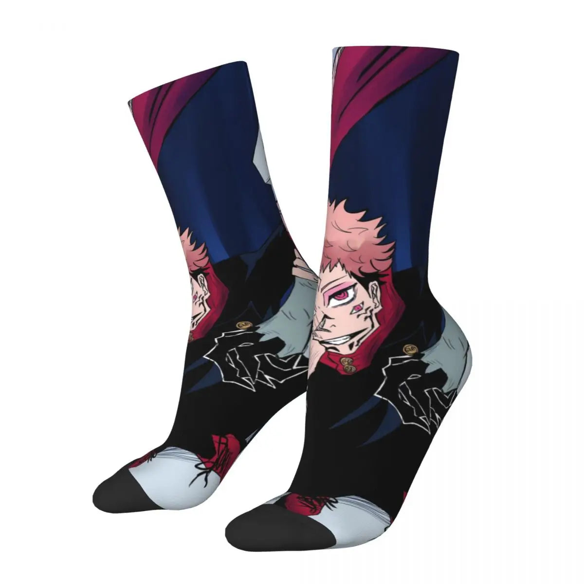 Chaussettes bleu marine à motif personnage animé, capuche rouge et visages grimés.