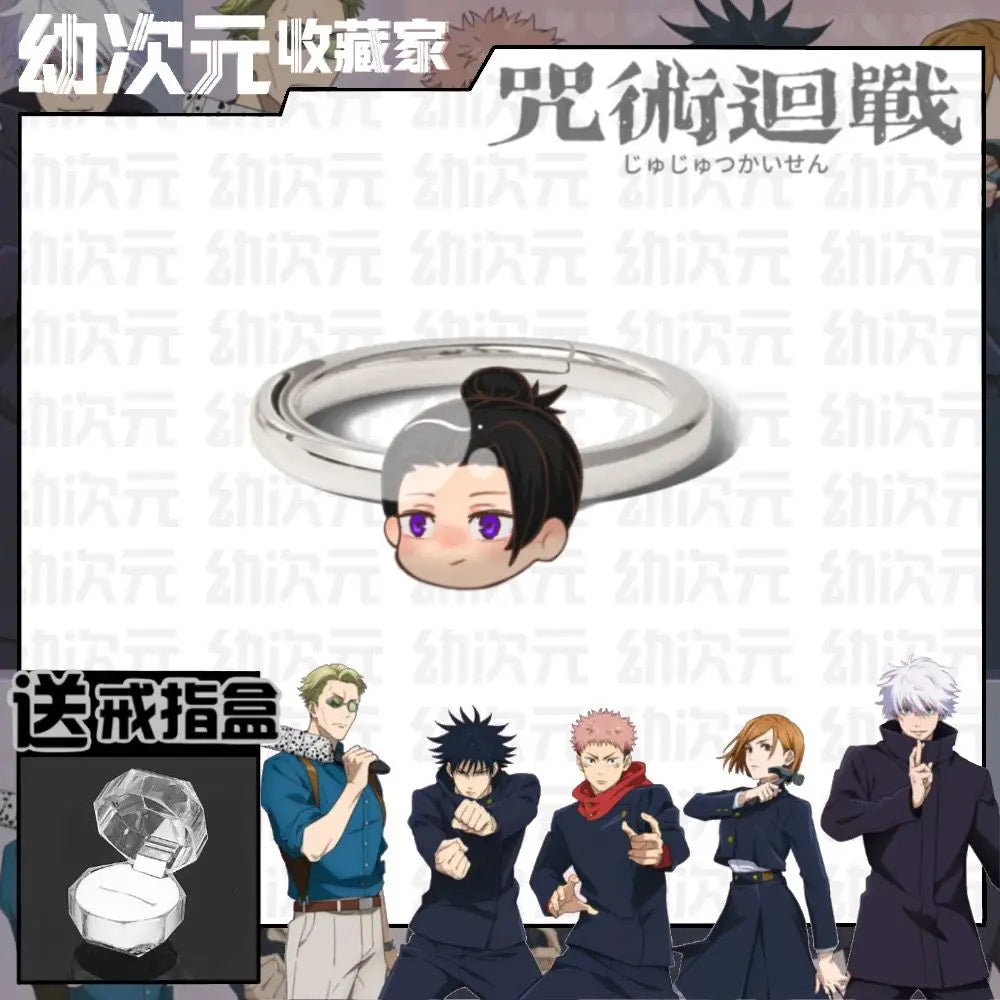 Bague argentée avec visage anime kawai, cheveux noirs et yeux violets sur le dessus