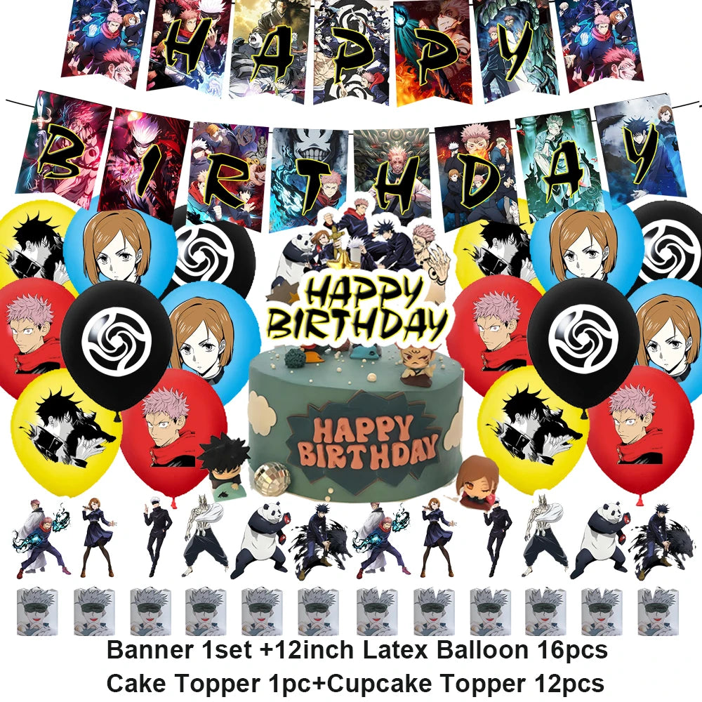 Décoration d’anniversaire Jujutsu Kaisen : ballons latex, guirlande “Happy Birthday” et gâteau