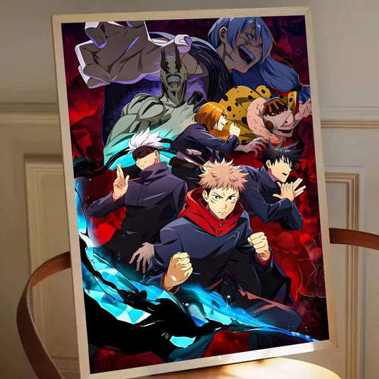 Affiche encadrée avec plusieurs personnages anime, tenues sombres et énergie bleue