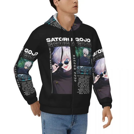 Veste à capuche noire zippée, imprimé manga sur le devant et les manches