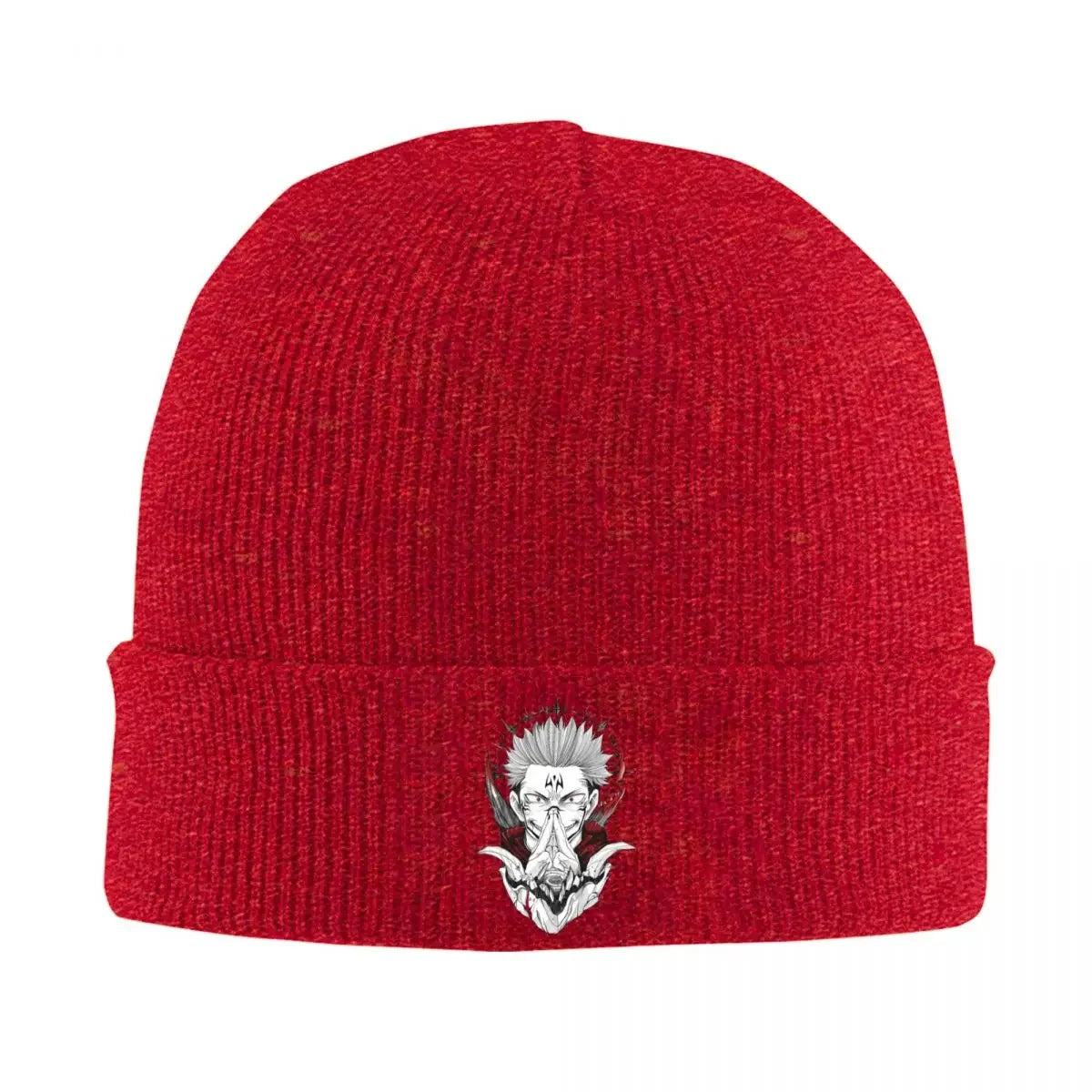 Bonnet en maille rouge à revers, écusson manga Fléau Ryomen Sukuna