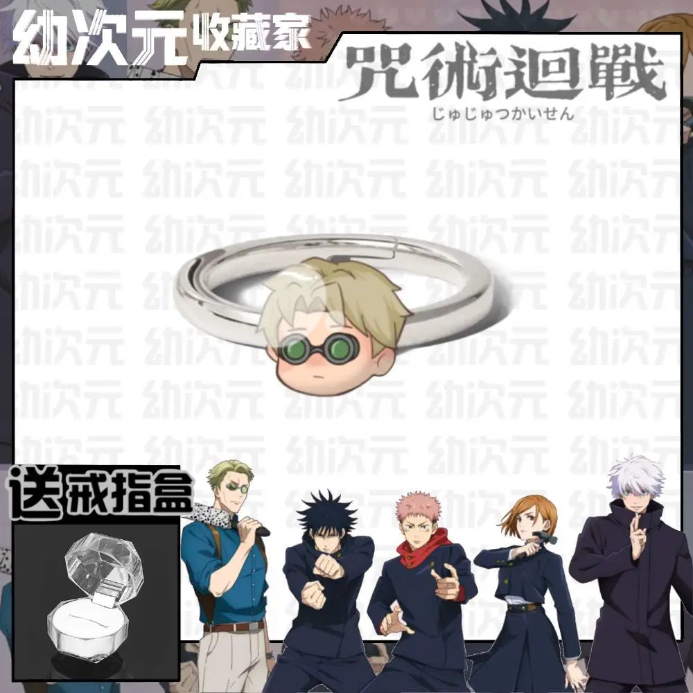 Bague en métal argenté avec tête chibi cheveux blonds et lunettes vertes