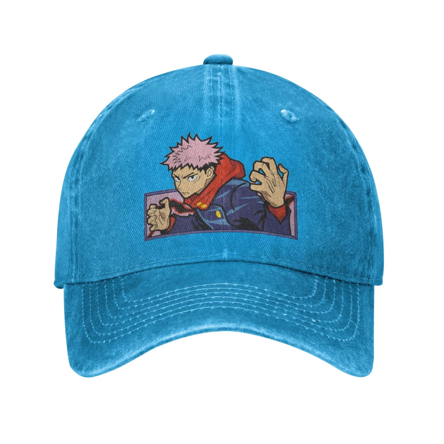Casquette bleu denim Yoji Itodori, patch Jujutsu Kaisen sur le devant