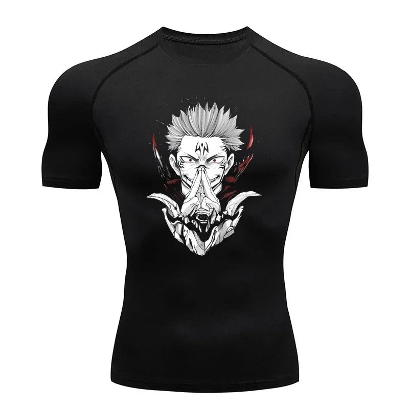 Black compression T-shirt with Sukuna demon face graphic on front