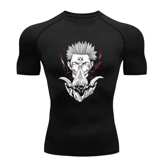 Black compression T-shirt with Sukuna demon face graphic on front