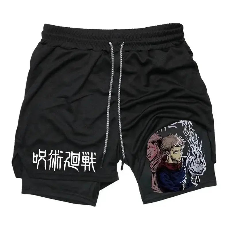 Black drawstring shorts with front pockets and anime character graphic on leg