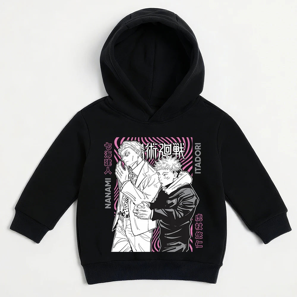 Pull à capuche noir avec imprimé Itadori et Nanami devant