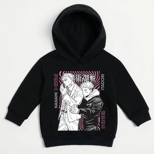 Pull à capuche noir avec imprimé Itadori et Nanami devant