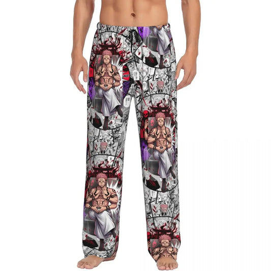 Pantalon de pyjama Jujutsu Kaisen gris à motifs de Sukuna, taille élastique