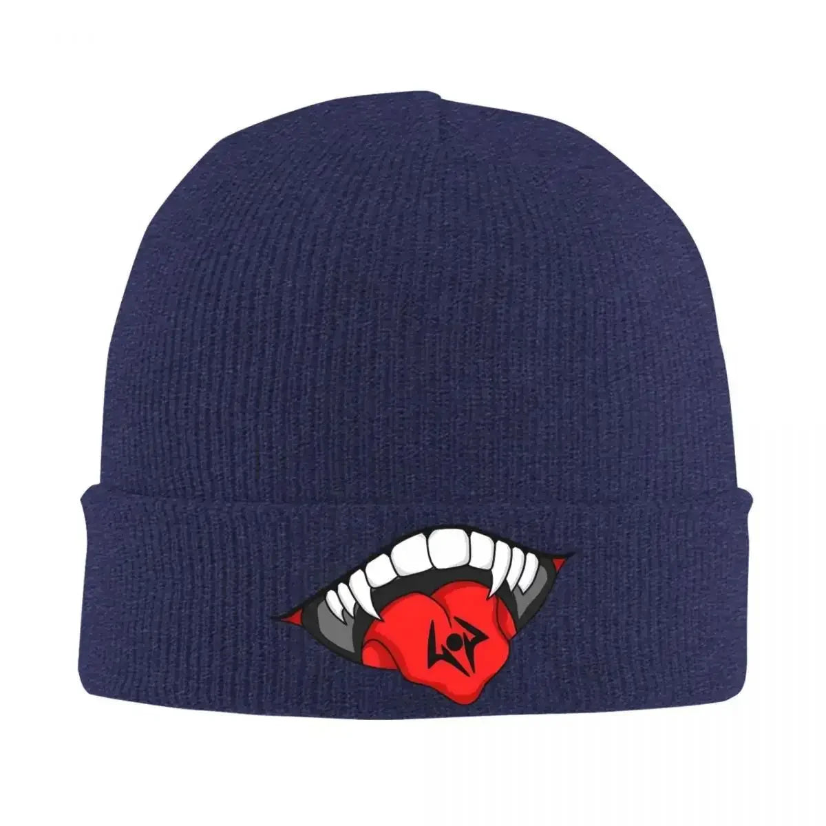 Bonnet bleu marine en tricot côtelé Ryomen Sukuna, logo rouge avec dents blanches