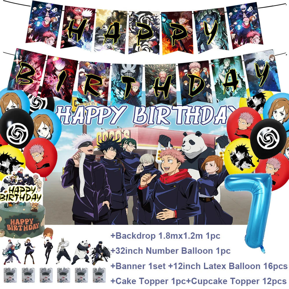 Kit déco anniversaire Jujutsu Kaisen 7 ans avec guirlande, ballons et HAPPY BIRTHDAY