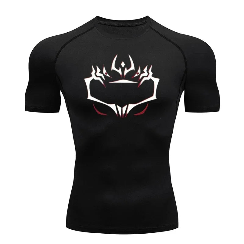 Black compression T-shirt with red-and-white emblem graphic, short sleeves, crew neck