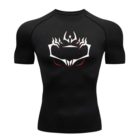 Black compression T-shirt with red-and-white emblem graphic, short sleeves, crew neck