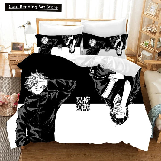 Parure de lit avec housse noire et blanche, visages d’anime en illustration