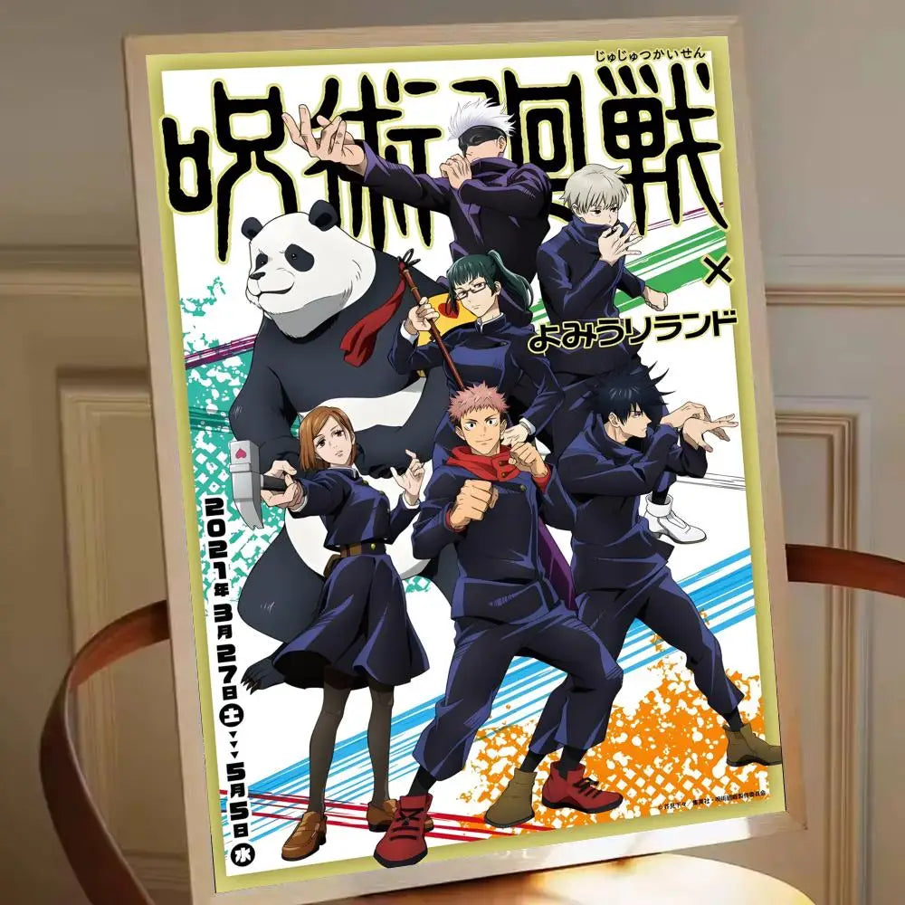 Affiche Jujutsu Kaisen en uniforme de l’équipe Tokyo lycée, personnages et panda