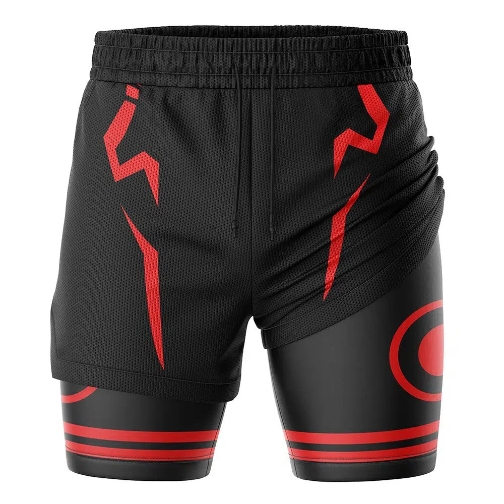 Black mesh shorts, back view with red zigzag print and striped hem band
