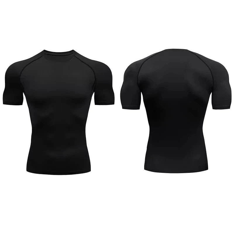 Black compression T-shirt, front and back view, smooth fitted fabric