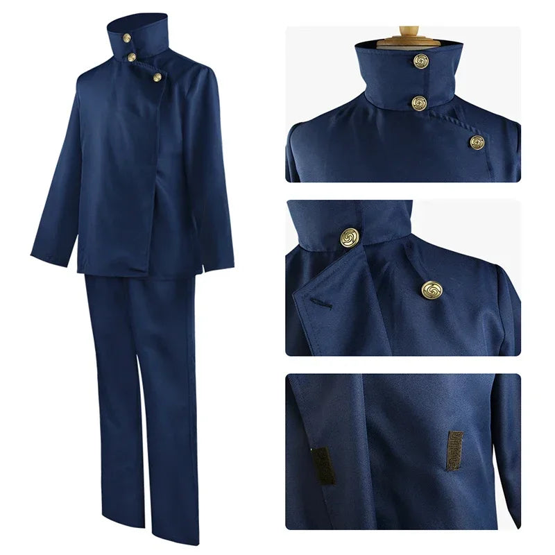 Veste de costume bleu marine : col montant, boutons dorés et coutures visibles